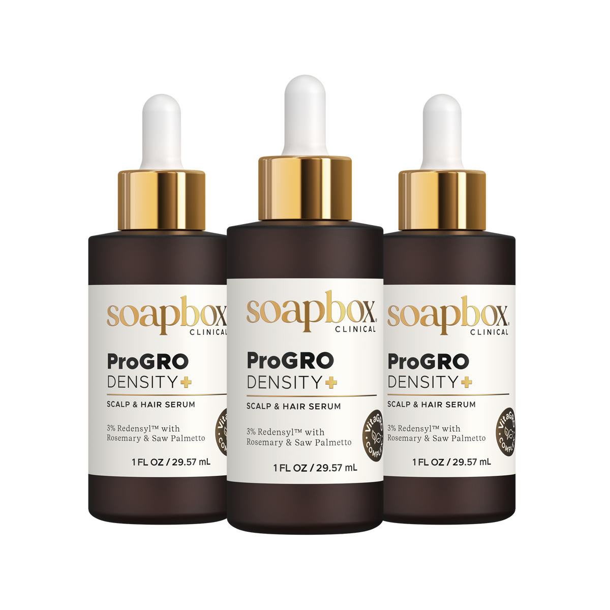 Three bottles of Soapbox ProGro Density Scalp and Hair Serum on a white background