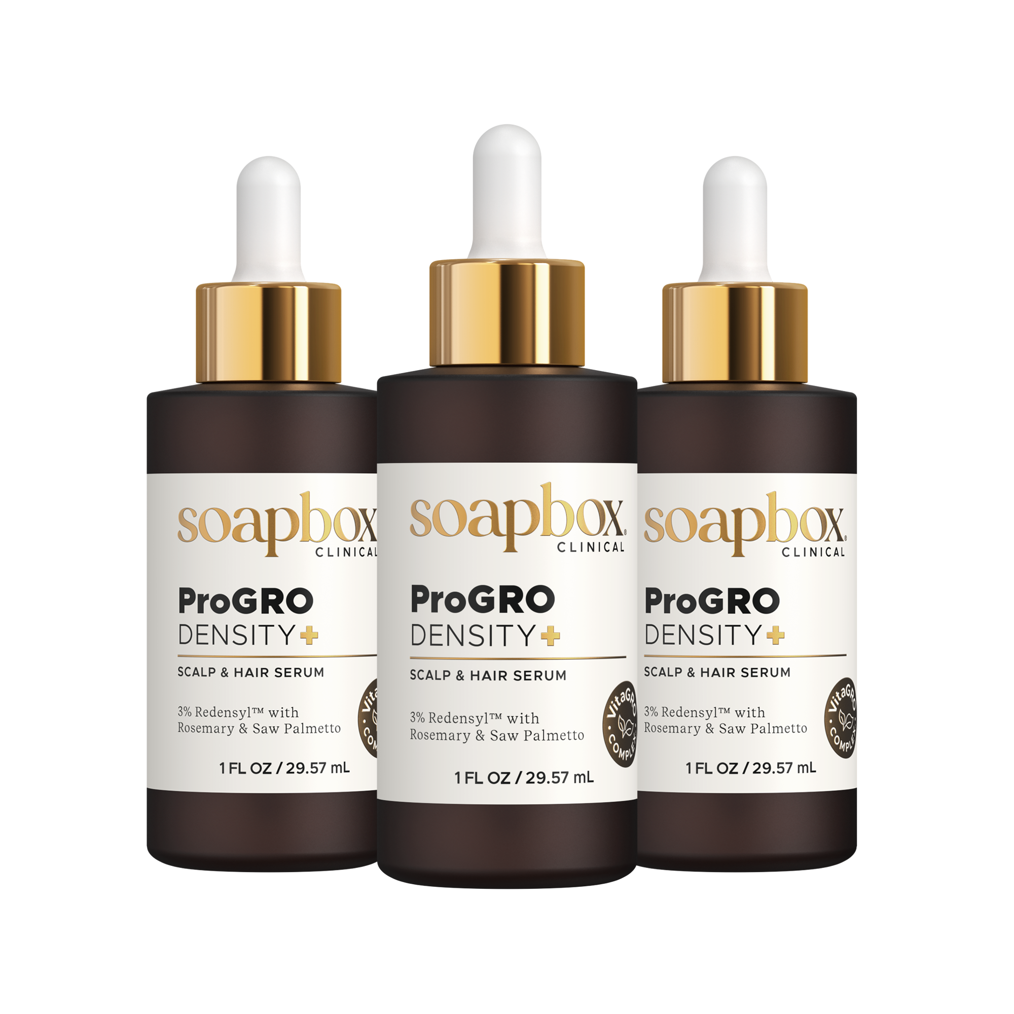 Three bottles of Soapbox ProGro Density Scalp and Hair Serum on a white background
