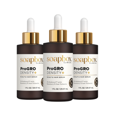 Three bottles of Soapbox ProGro Density Scalp and Hair Serum on a white background