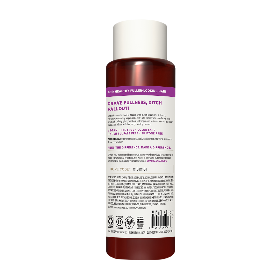 Dark amber conditioner bottle with white cap and purple label stating "Crave Fullness, Ditch Fallout" and product information