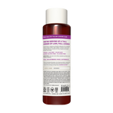 Cylindrical bottle with white cap containing dark red liquid shampoo, labeled with purple text and product information.