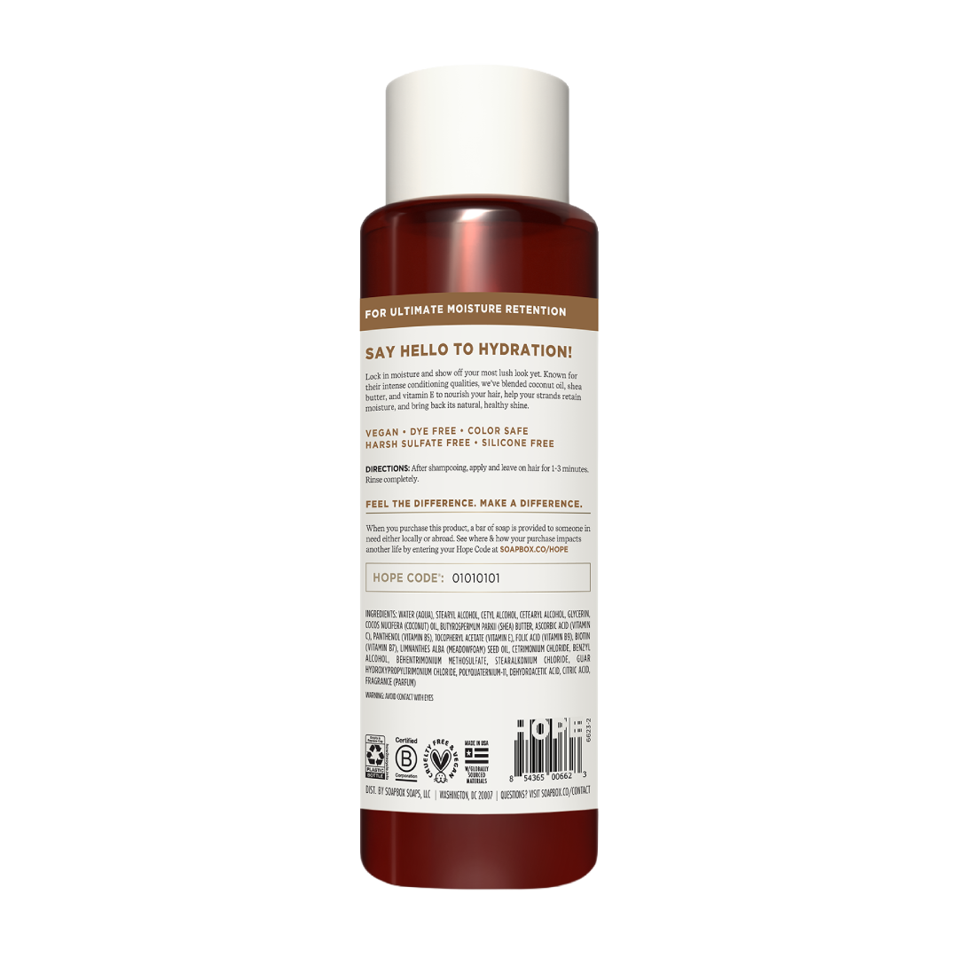 Cylindrical bottle with white cap containing dark red conditioner, labeled with product information and certification badges.