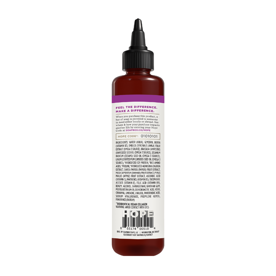 Dark amber liquid vitamin booster in a bottle with black pointed cap and purple label band.