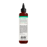 Dark amber bottle with black pointed cap, white label with teal band containing product information and barcode.
