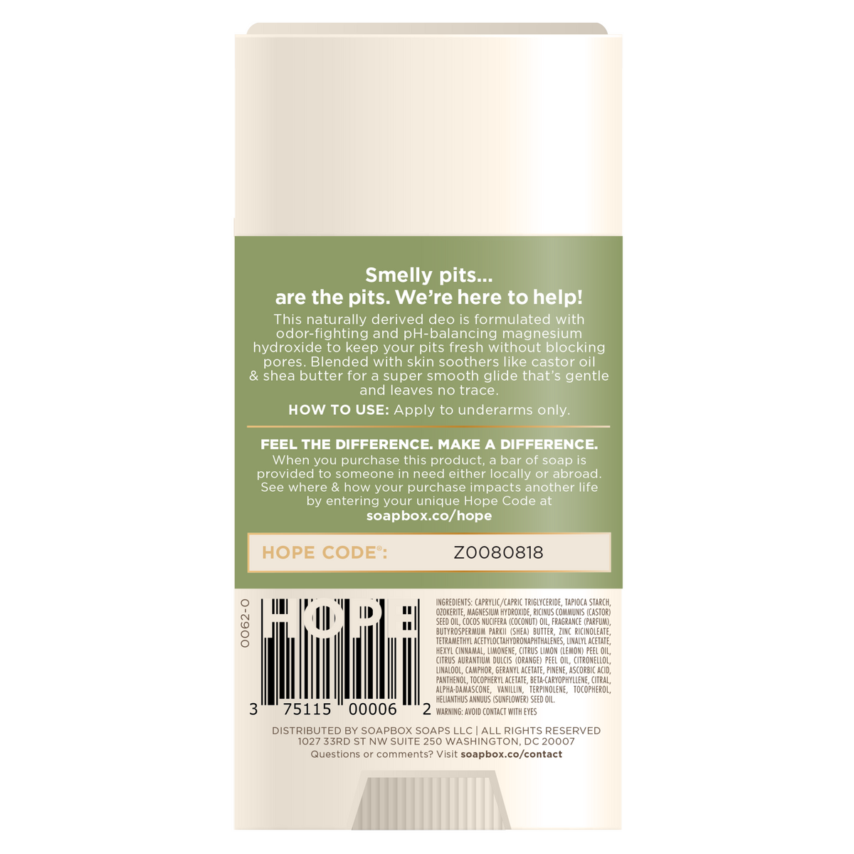 Cream-colored deodorant stick with green label displaying product information and Hope Code number.