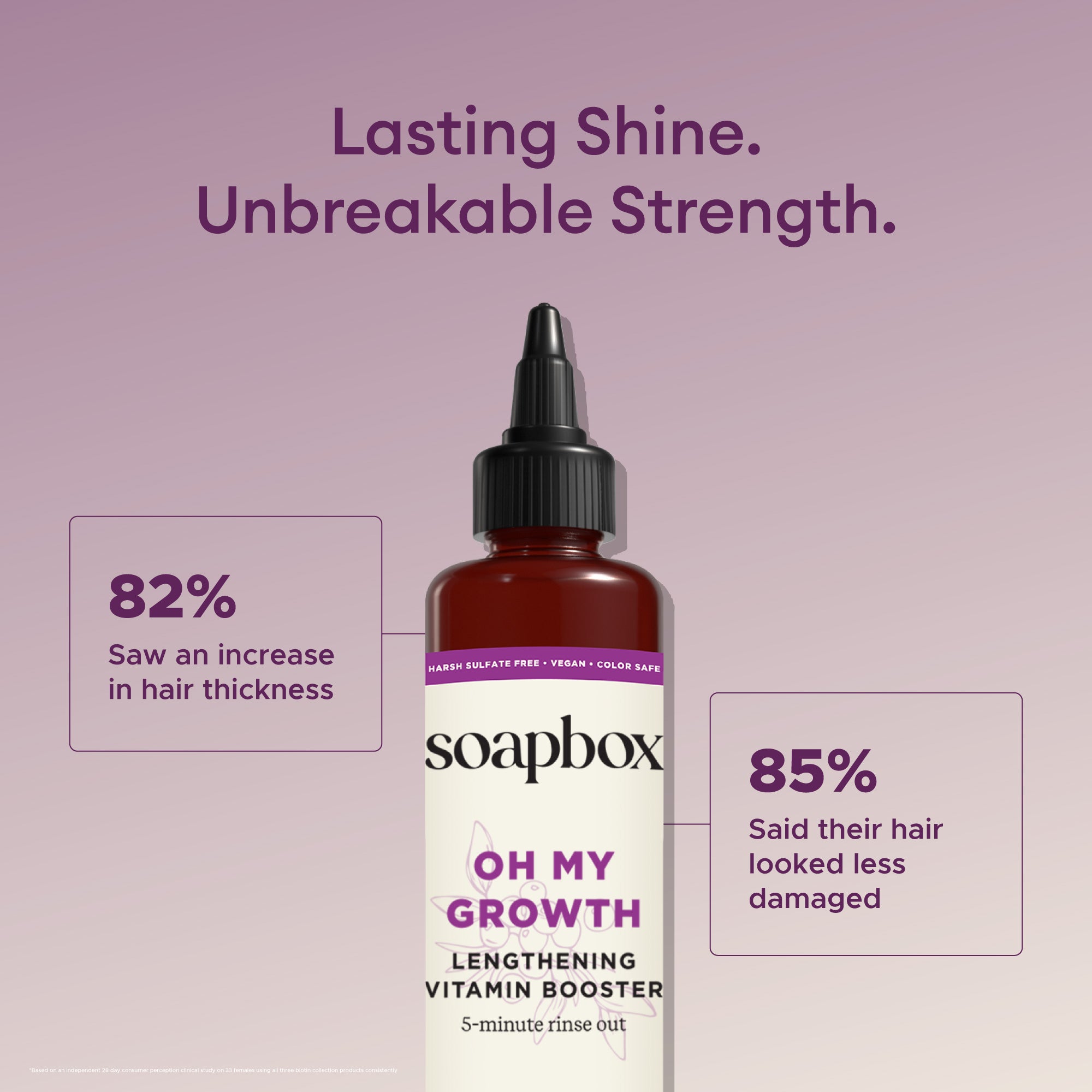 Soapbox "Oh My Growth" lengthening vitamin booster in amber bottle with black pump cap on mauve background.