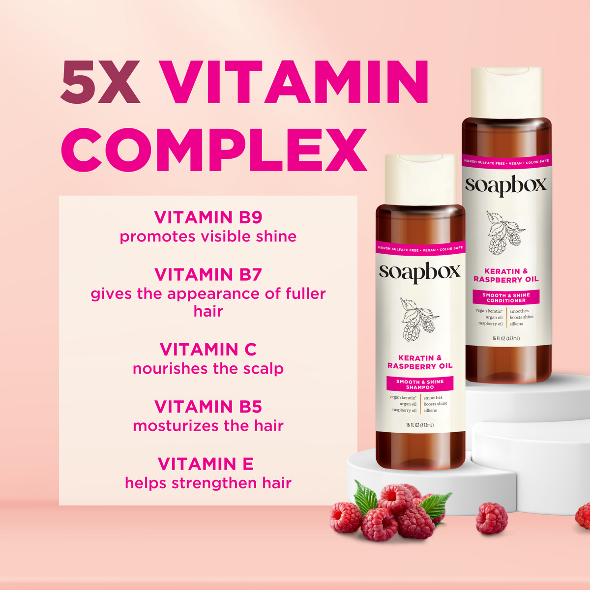 Soapbox Keratin & Raspberry Oil conditioner bottle with white cap displayed on white platform with raspberries against pink b