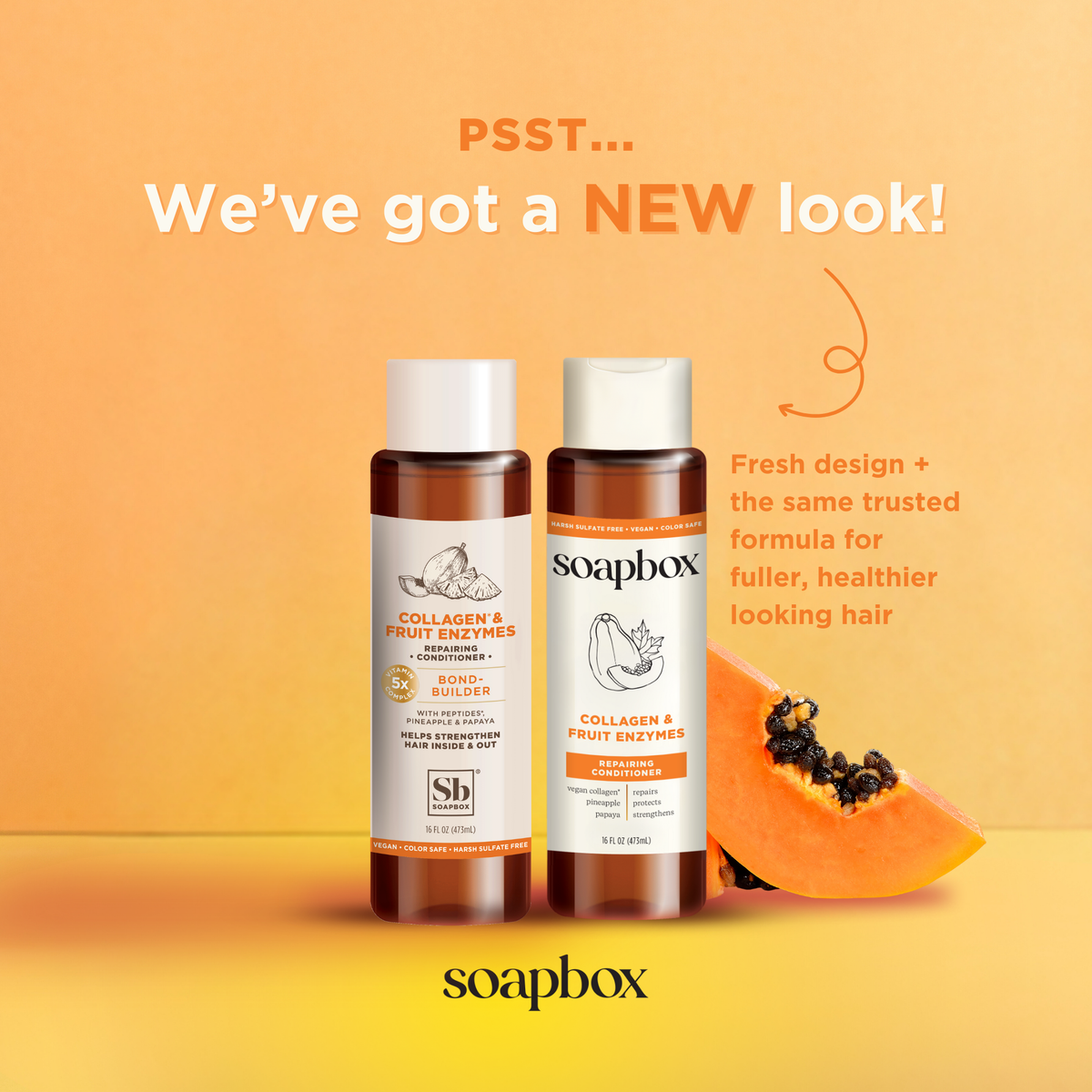 Two bottles of Collagen & Fruit Enzymes Repairing Conditioner with white caps and amber liquid, displayed on yellow-orange ba