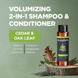 Soapbox Thick & Full 2-in-1 shampoo and conditioner bottle with cedar and oak leaf scent on wood surface with dried leaves.