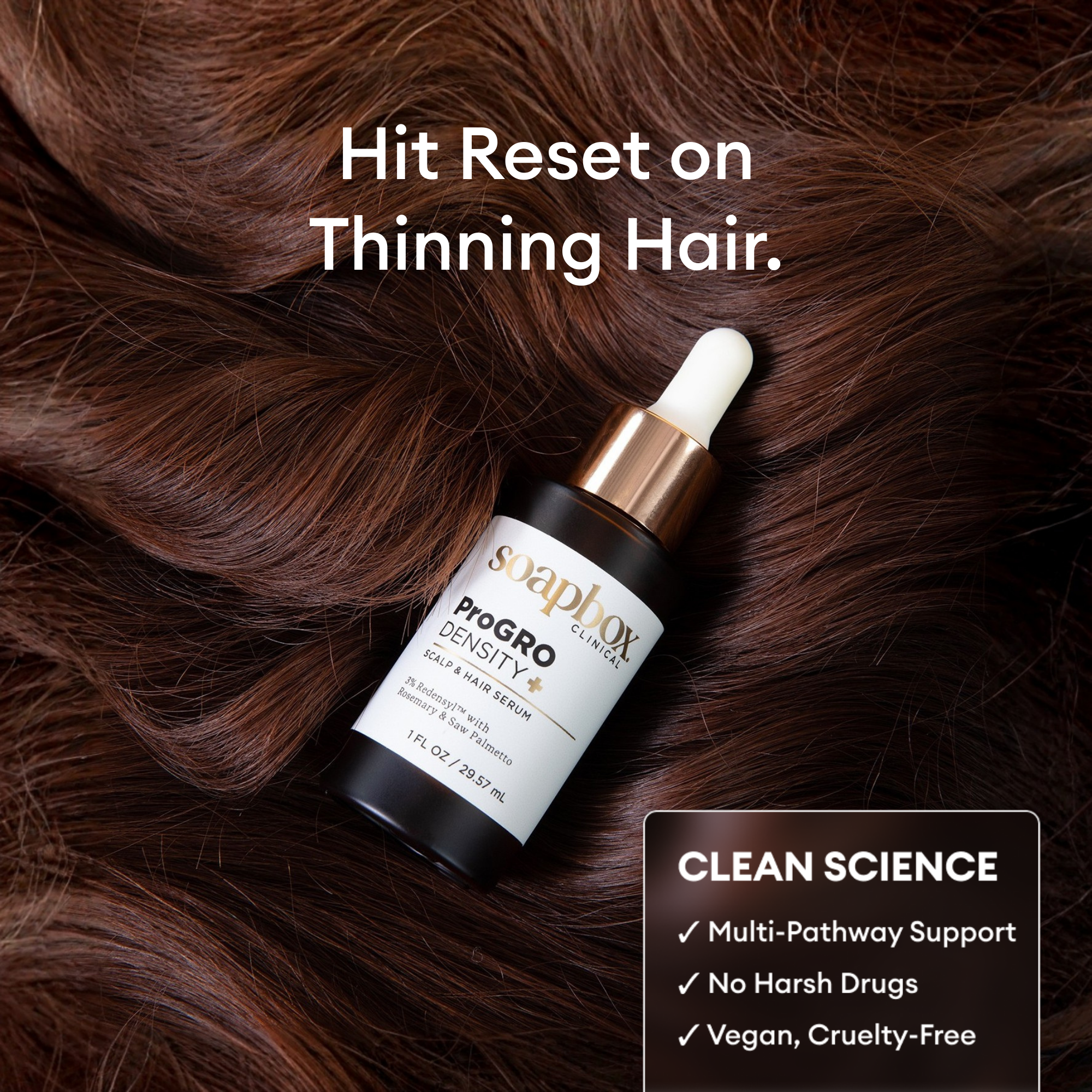 Hair serum bottle with text 'Hit Reset on Thinning Hair' and product details on a background of brown hair.