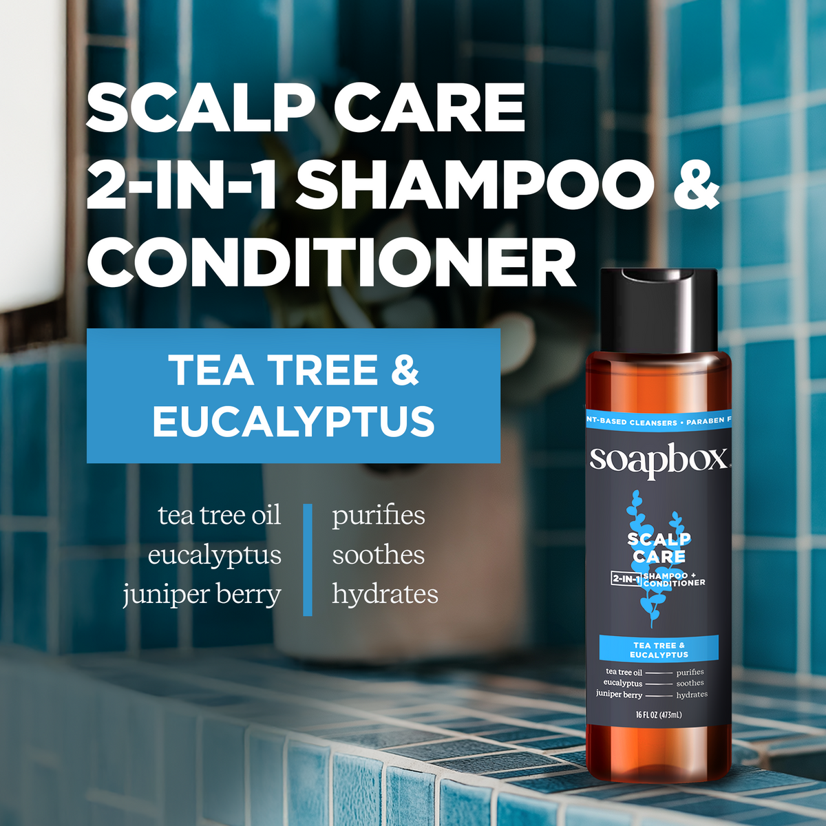 Soapbox scalp care 2-in-1 shampoo and conditioner bottle with black cap containing tea tree and eucalyptus formula.