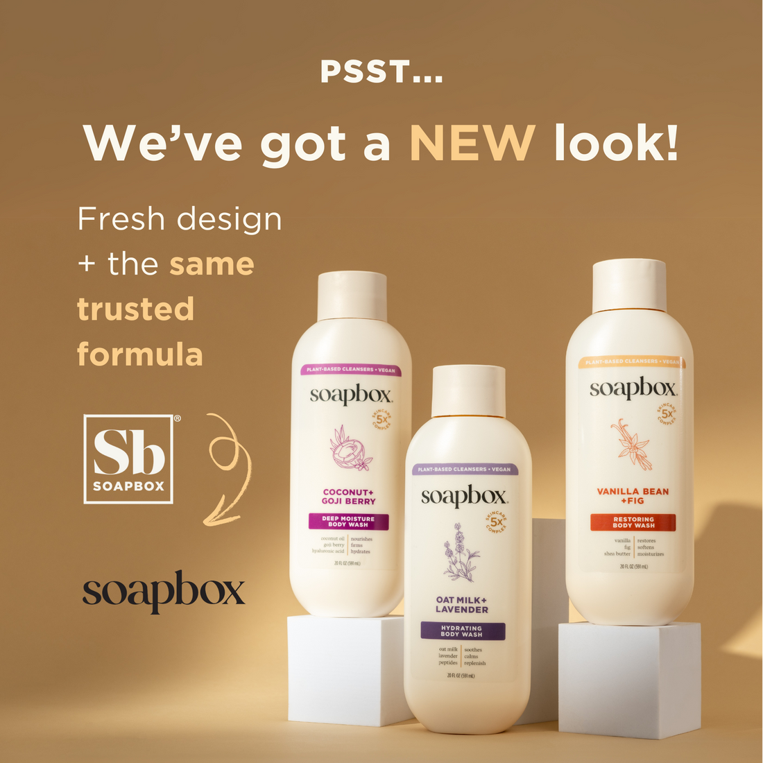 Three Soapbox body wash bottles with white caps on white pedestals against a tan background, featuring Coconut + Goji Berry, 