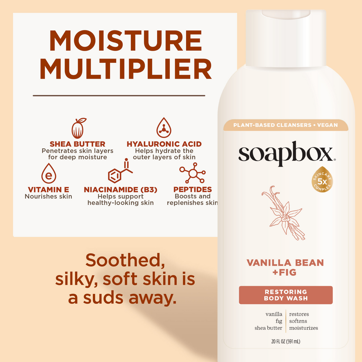Soapbox vanilla bean and fig body wash bottle with white cap on beige background, showing ingredient benefits and product det
