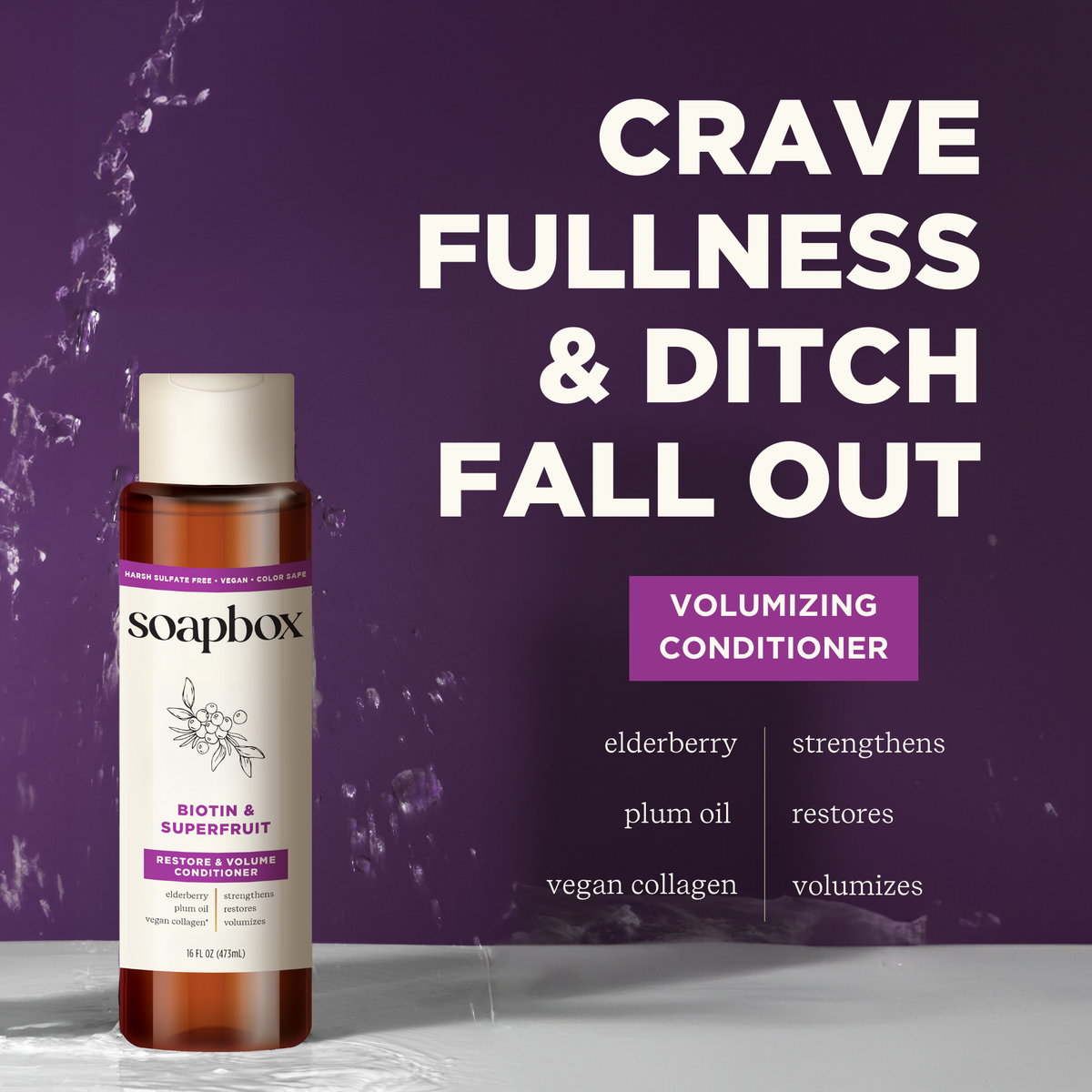 Soapbox volumizing conditioner bottle with cream cap on purple background with water splash and text overlay.