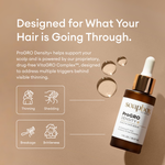 Soapbox ProGro Density hair serum bottle on a beige background with text about the drug-free VitaGRO Complex.