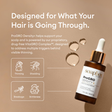 Soapbox ProGro Density hair serum bottle on a beige background with text about the drug-free VitaGRO Complex.