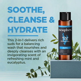 Soapbox scalp care 2-in-1 shampoo and conditioner bottle with black cap on gray cube surrounded by eucalyptus sprigs.