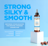 Soapbox Repair My Hair Vitamin Booster Treatment bottle with applicator tip on white pedestal against blue background.