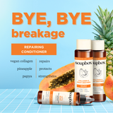 Soapbox Collagen & Fruit Enzymes Repairing Conditioner bottles with spray dispenser, papaya, and pineapple on blue background