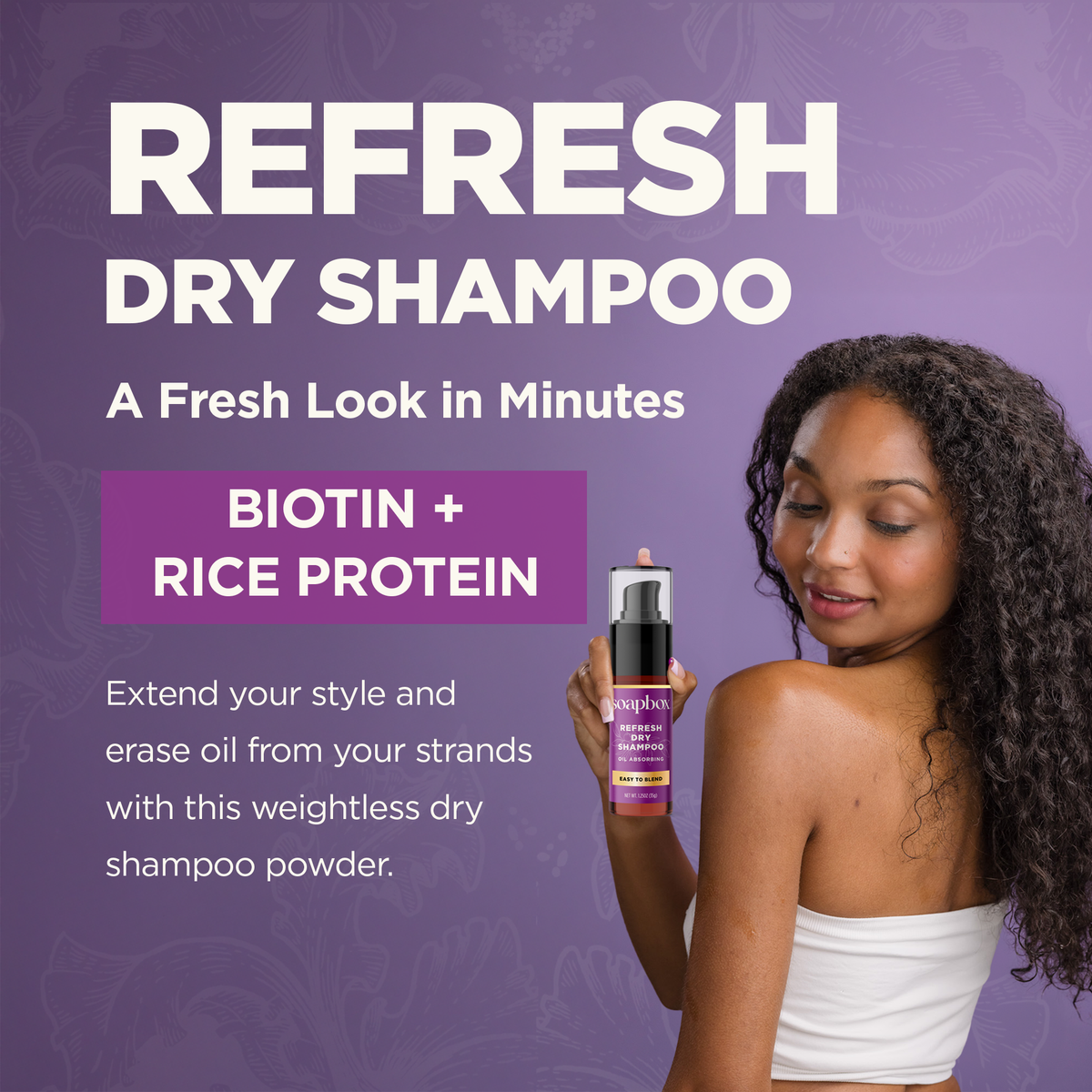 Woman with long curly dark hair holding purple spray bottle of Refresh dry shampoo against purple background.
