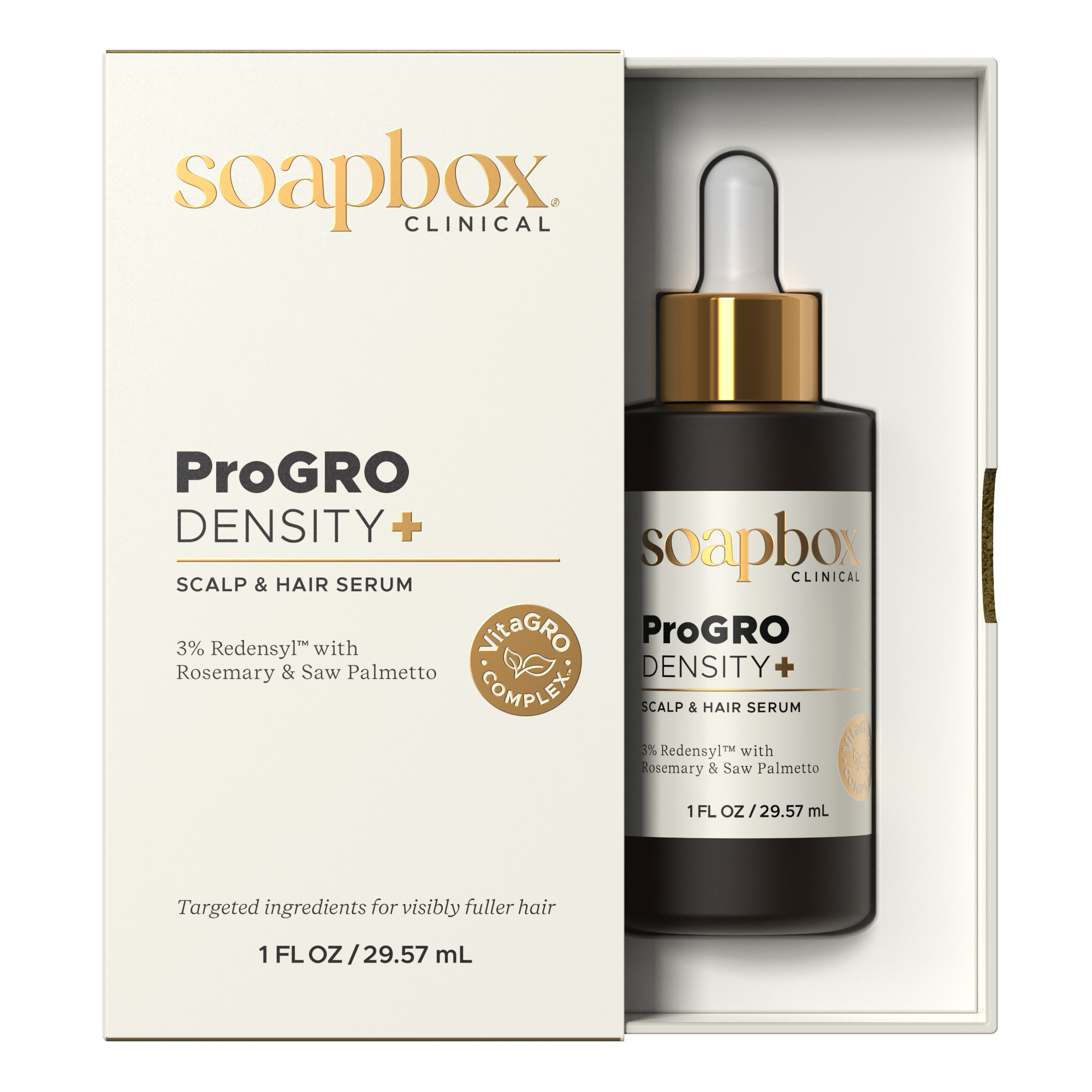 Soapbox Clinical ProGro Density+ scalp and hair serum with packaging on a white background