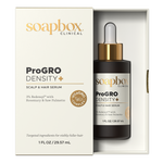 Soapbox Clinical ProGro Density+ scalp and hair serum with packaging on a white background