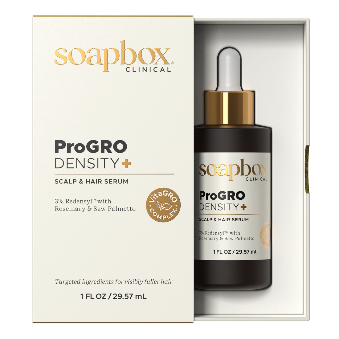 Soapbox Clinical ProGro Density+ scalp and hair serum with packaging on a white background