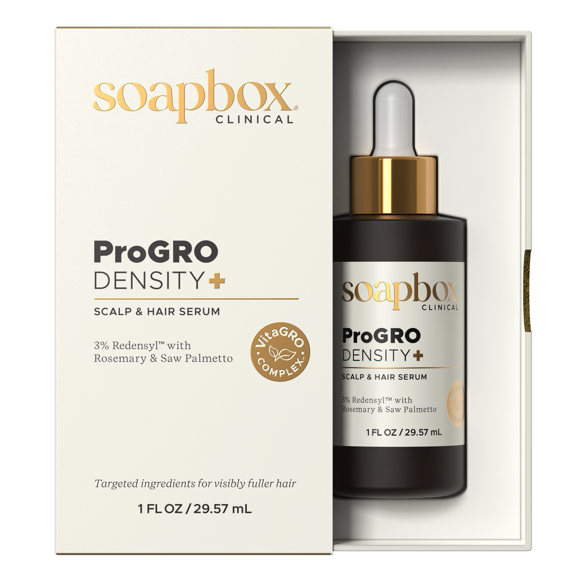 Soapbox Clinical ProGro Density+ scalp and hair serum with packaging on a white background