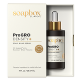 Soapbox Clinical ProGro Density+ scalp and hair serum with packaging on a white background