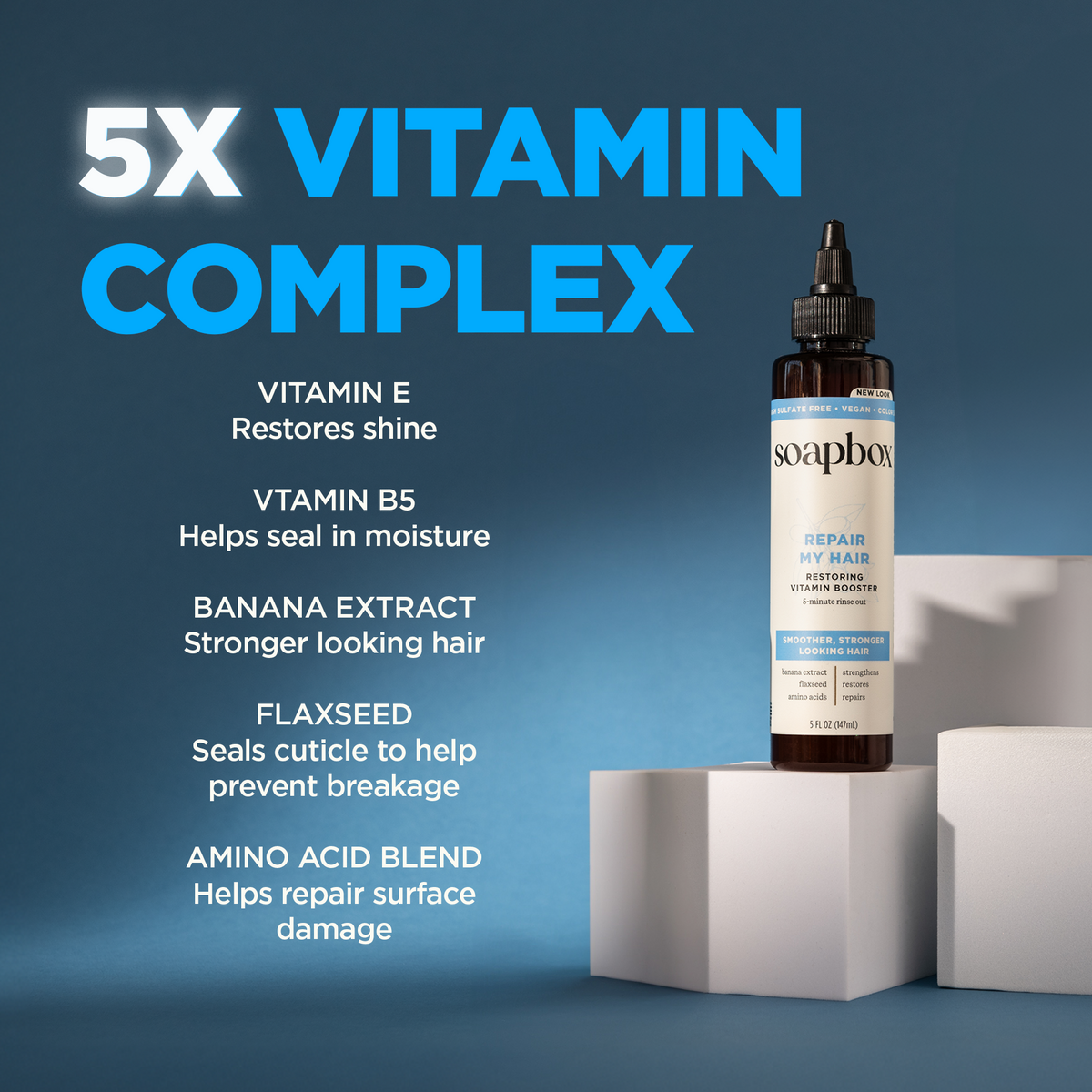 Soapbox Repair My Hair Vitamin Booster Treatment bottle with dropper applicator on white cube display against blue background