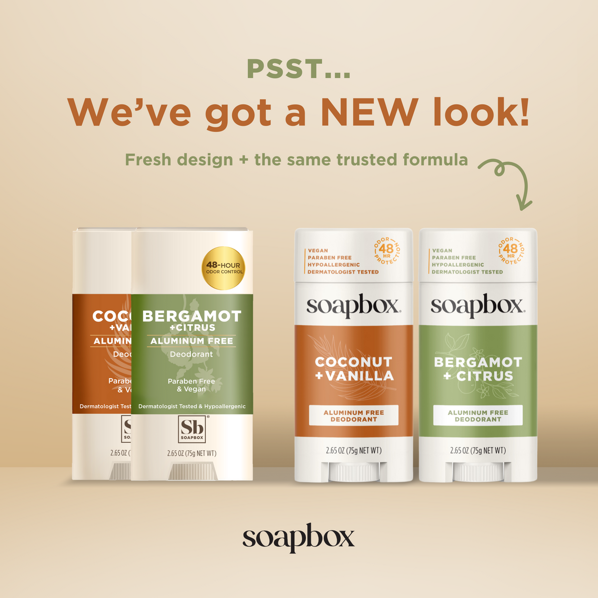 Soapbox Bergamot + Citrus aluminum-free deodorant stick with green label and white cap, 2.65 oz.