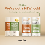 Soapbox Bergamot + Citrus aluminum-free deodorant stick with green label and white cap, 2.65 oz.