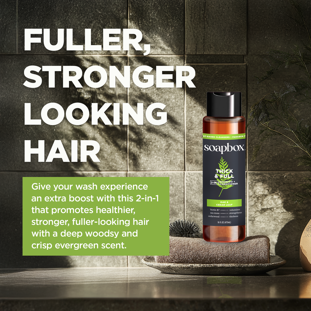 Soapbox Thick & Full 2-in-1 shampoo and conditioner bottle with black cap on wooden tray.