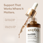 Soapbox Clinical ProGro Density scalp and hair serum with dropper and callouts that it promotes stronger, fuller-looking hair.