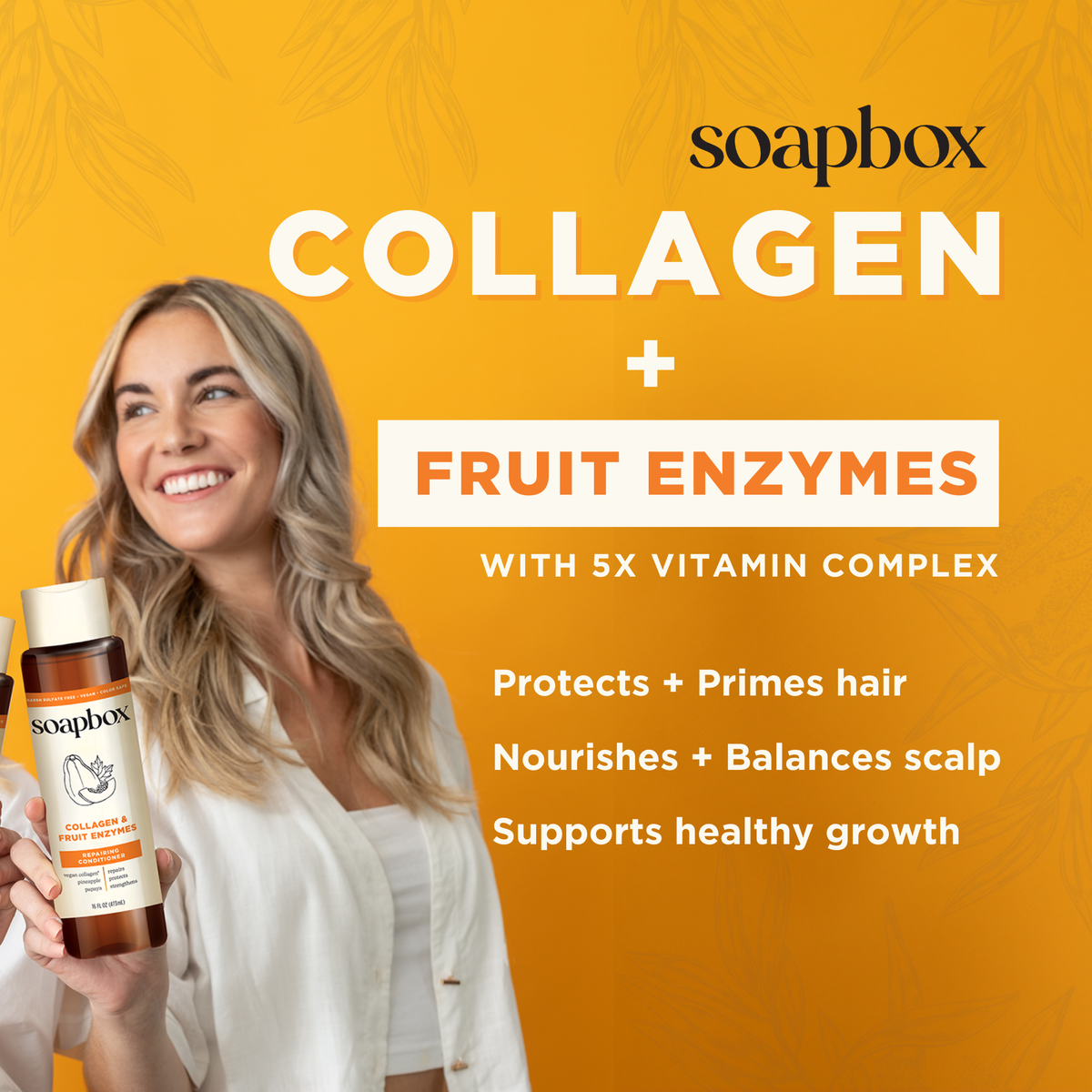 Woman holding Soapbox Collagen & Fruit Enzymes conditioner bottle against yellow background.