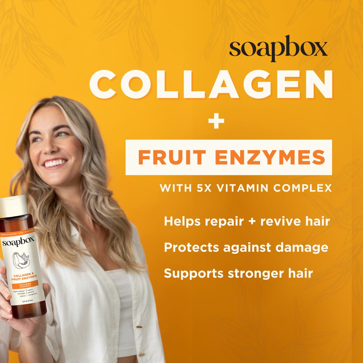 Woman holding Soapbox Collagen & Fruit Enzymes shampoo bottle against yellow background with product text.