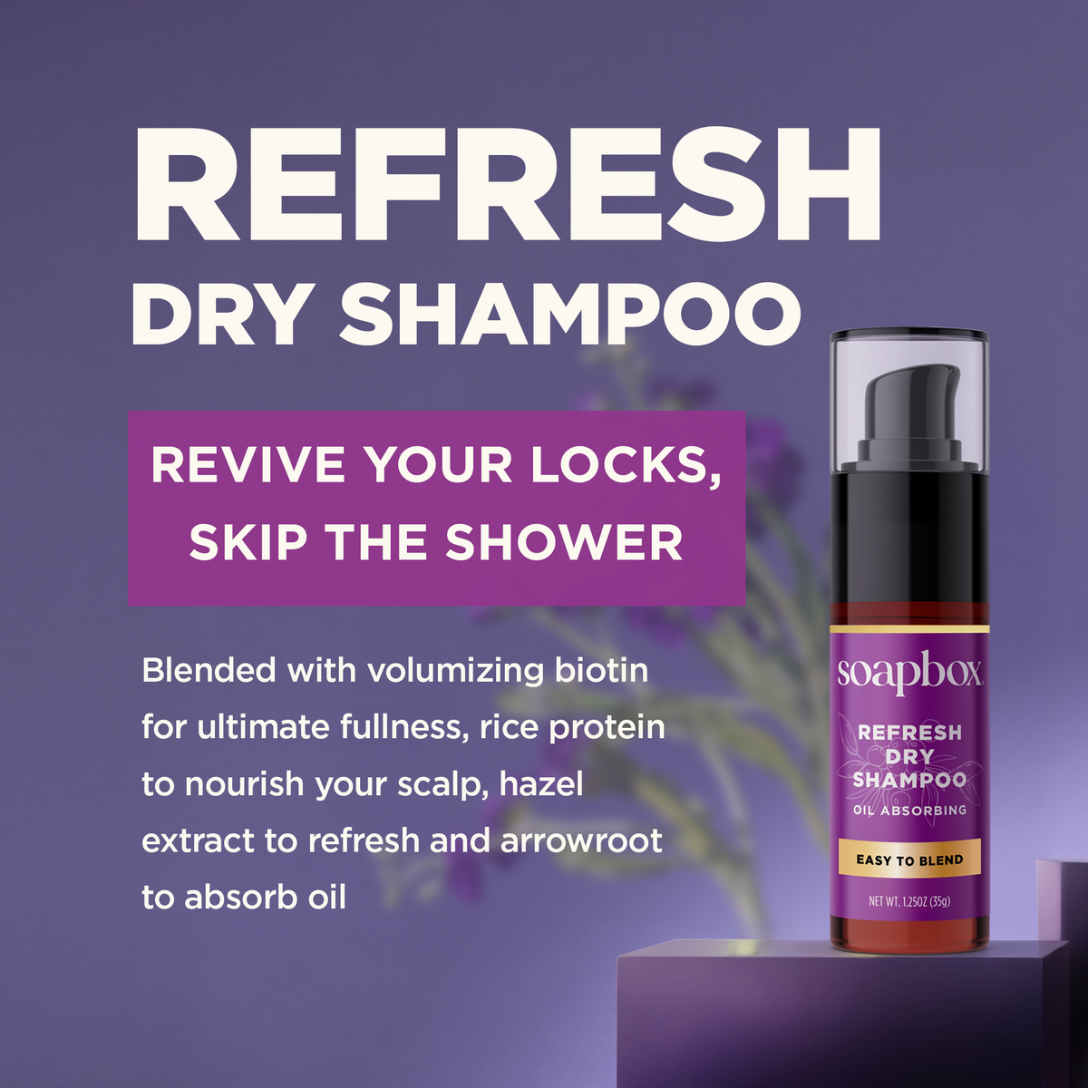 Soapbox Refresh dry shampoo spray bottle with black pump top and purple label on purple background.