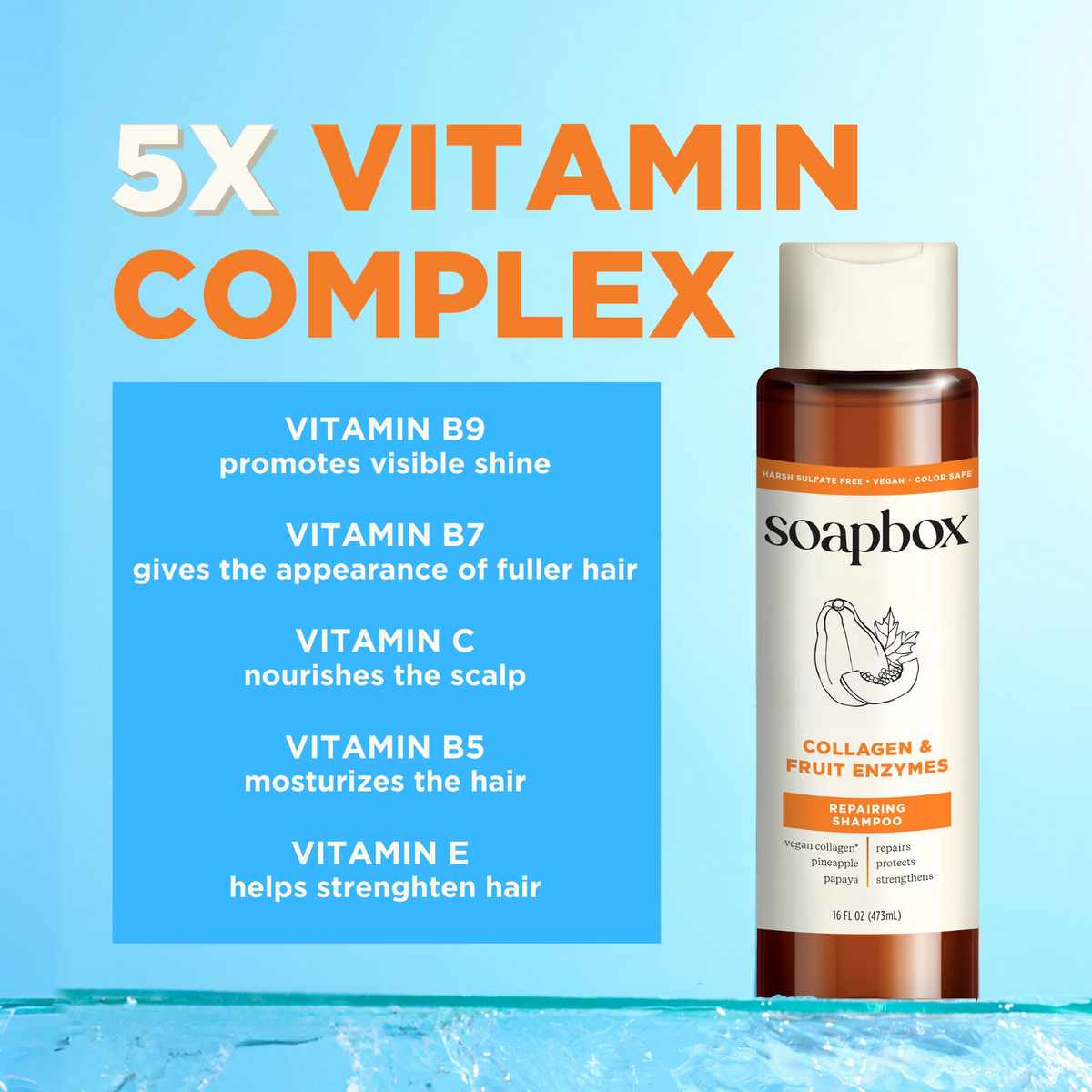 Soapbox Collagen & Fruit Enzymes Repairing Shampoo bottle with cream cap on light blue background with vitamin complex text.