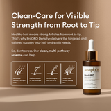 Soapbox ProGro Density+ serum bottle with text on a brown background and details about its targeted and tailored support.