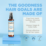 Soapbox argan anti-frizz smoothing serum in amber glass bottle with black spray pump, 5 fl oz size.