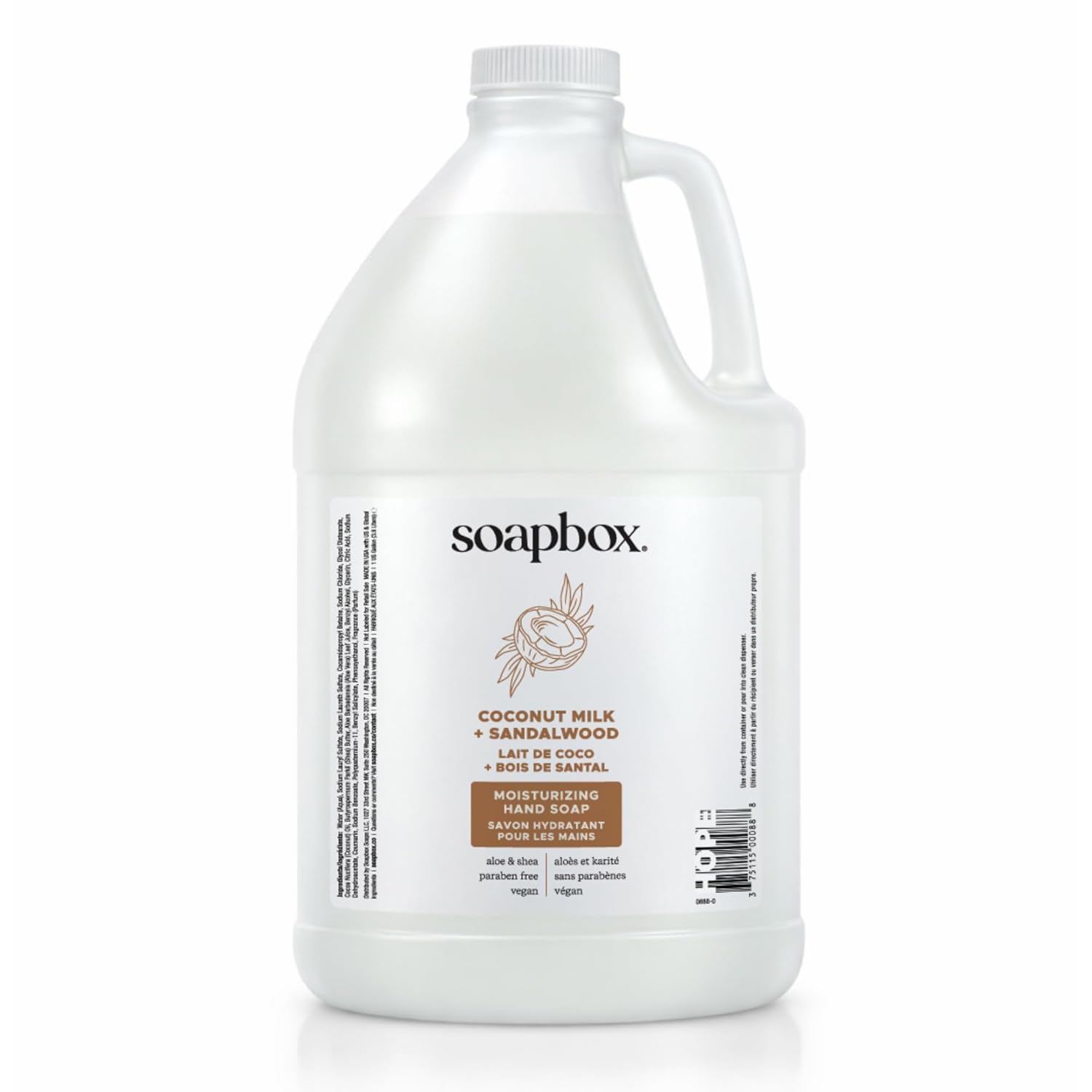 Large clear plastic gallon jug of Soapbox coconut milk and sandalwood moisturizing hand soap with white cap and label.