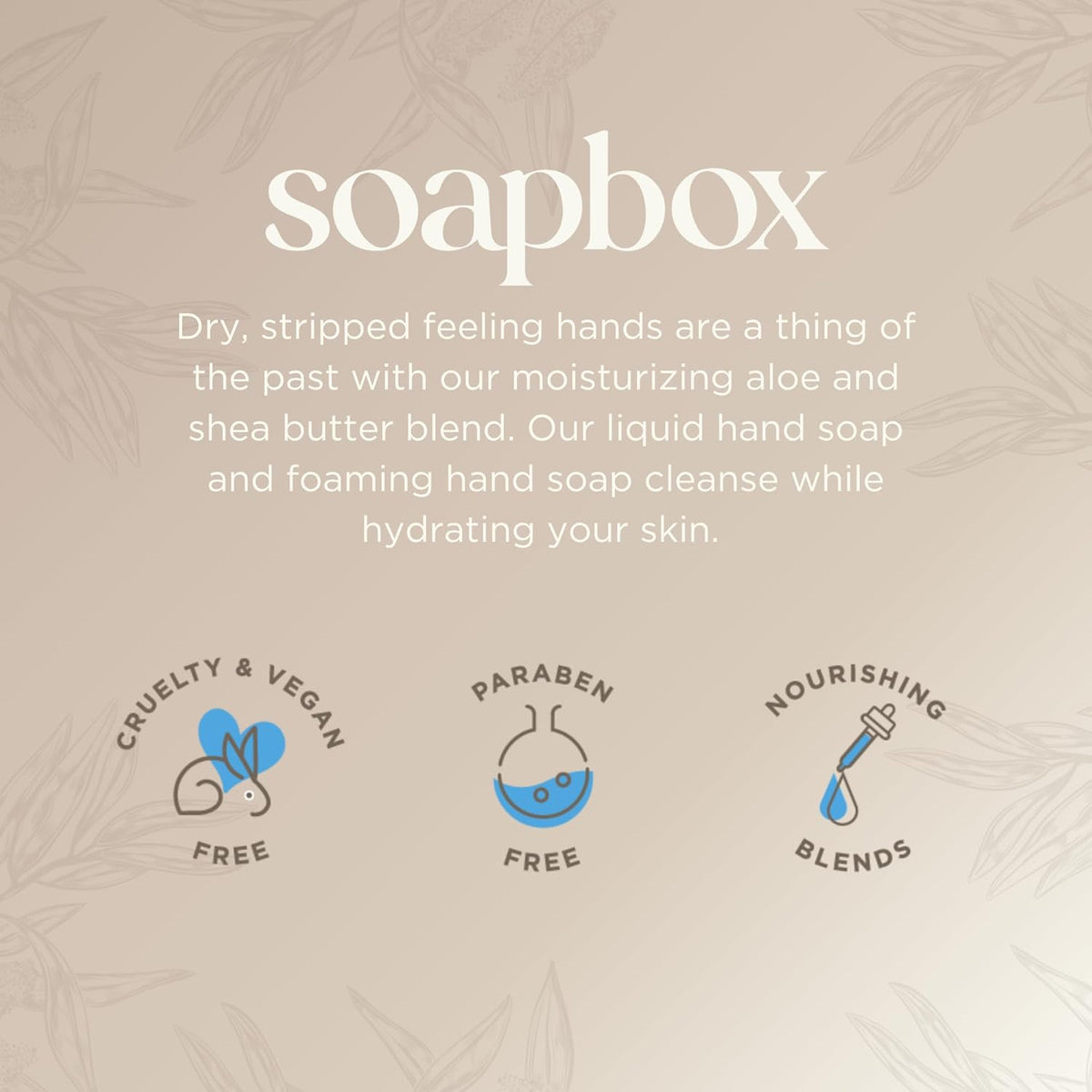 Soapbox brand liquid hand soap packaging with vanilla bean scent, featuring cruelty-free, paraben-free, and nourishing blend 