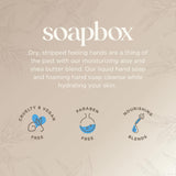 Soapbox brand liquid hand soap packaging with vanilla bean scent, featuring cruelty-free, paraben-free, and nourishing blend 