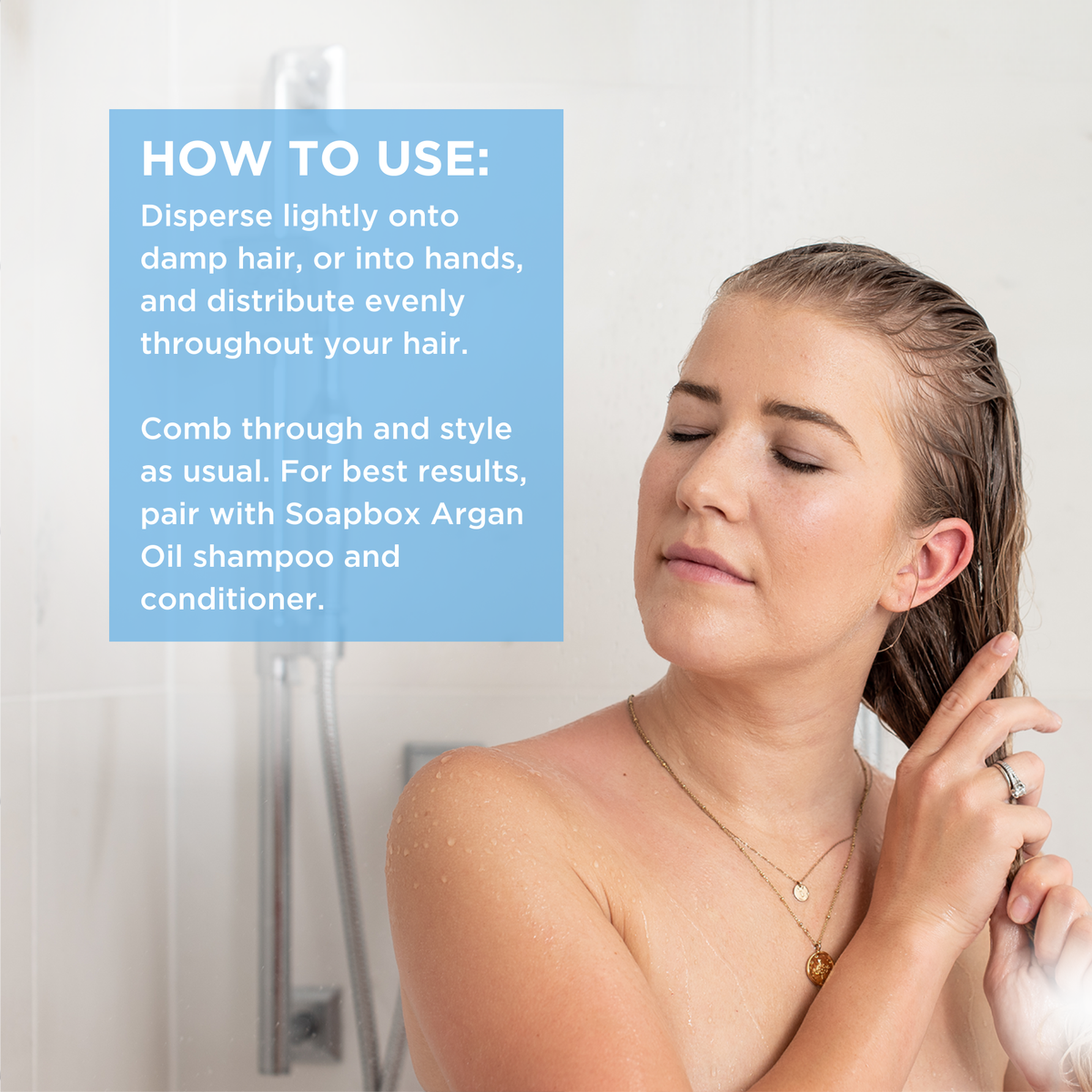 Woman with wet hair applying serum to strands, with usage instructions displayed on blue text box.
