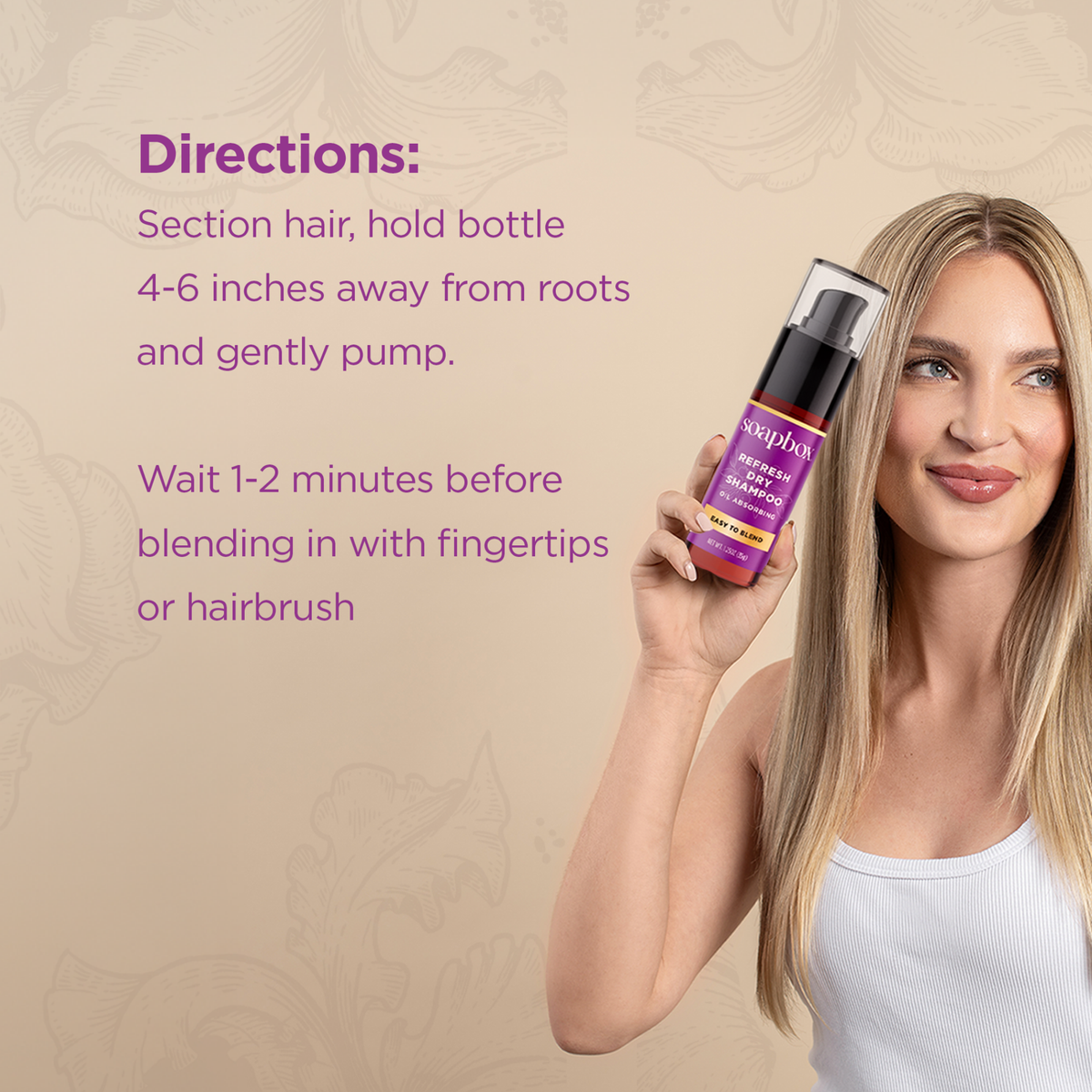 Woman holding purple spray bottle of dry shampoo with usage directions displayed on beige background.
