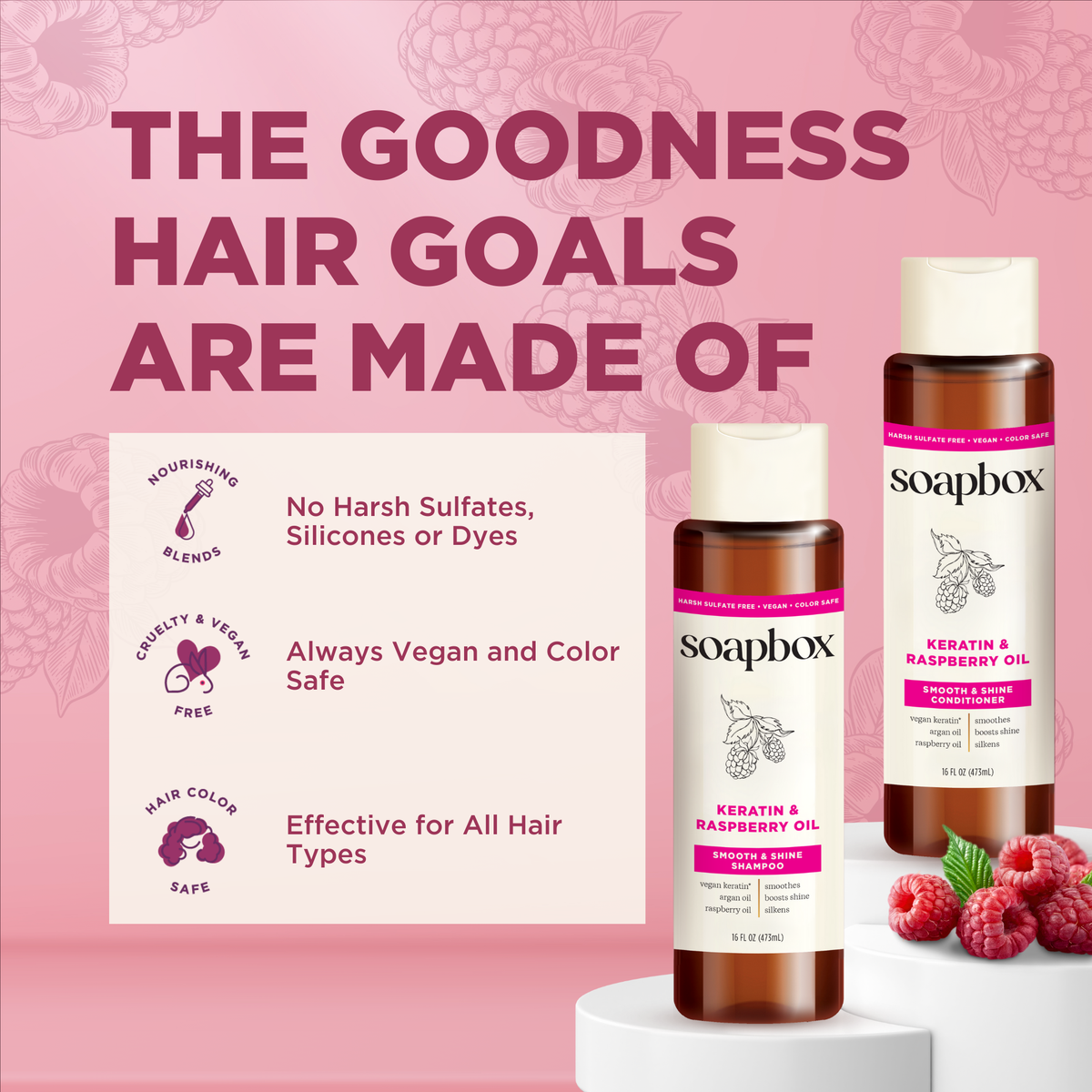 Soapbox Keratin & Raspberry Oil shampoo and conditioner bottles displayed with fresh raspberries on pink background.