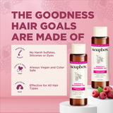 Soapbox Keratin & Raspberry Oil shampoo and conditioner bottles displayed with fresh raspberries on pink background.