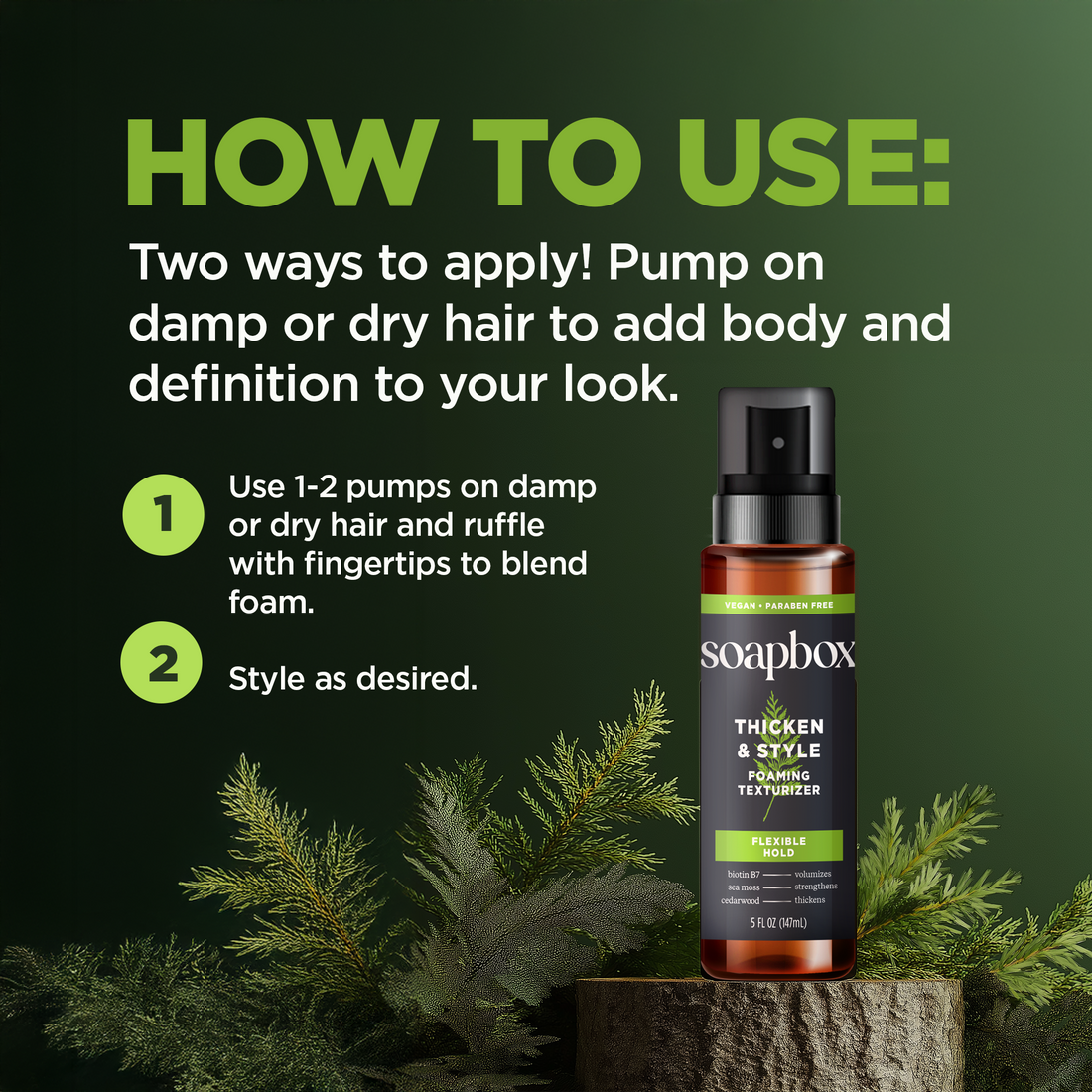 Soapbox foaming texturizer spray bottle with black pump top and amber liquid on green background with plants.