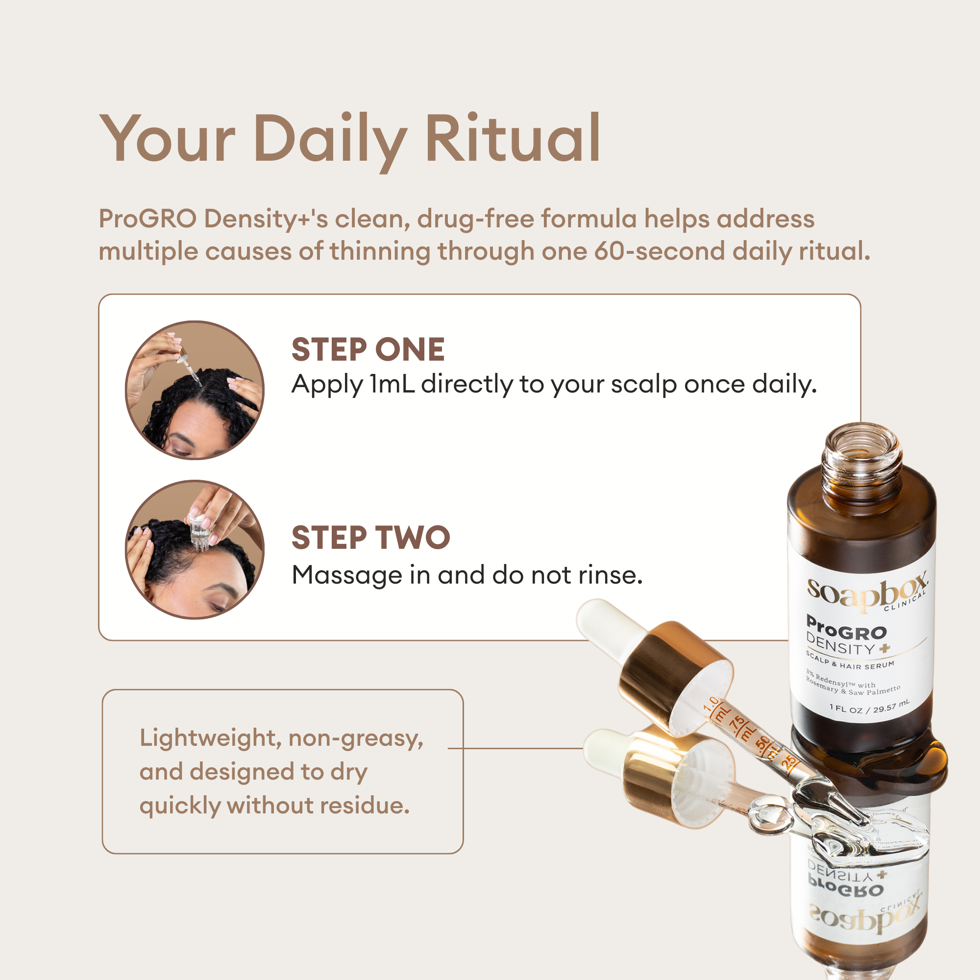 Hair care product with droppers and text on a light gray background with descriptions of how to use the product