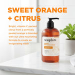 Amber liquid hand soap in clear pump bottle with black pump dispenser and white label, displayed on marble countertop.